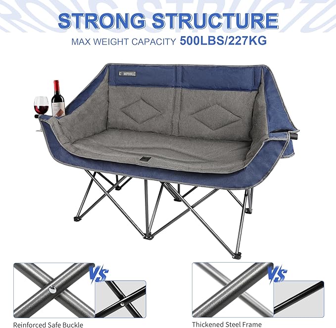 Oversized Double Camping Chair-Heavy Duty 2 Person Folding Loveseat Camp Couch for Adults,Portable Outdoor Lawn Chairs with Padded Seat for Fishing,Sports and Patio,Supports 500 LBS,Blue