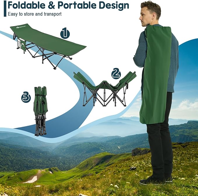 Goplus Folding Camping Cot, 27.5" Sleeping Cot for Adults with Carry Bag, 600LBS Weight Capacity, Slanted Head, Side Pocket, Heavy Duty Portable Camping Bed for Kids, Beach, Office Snap (Green)