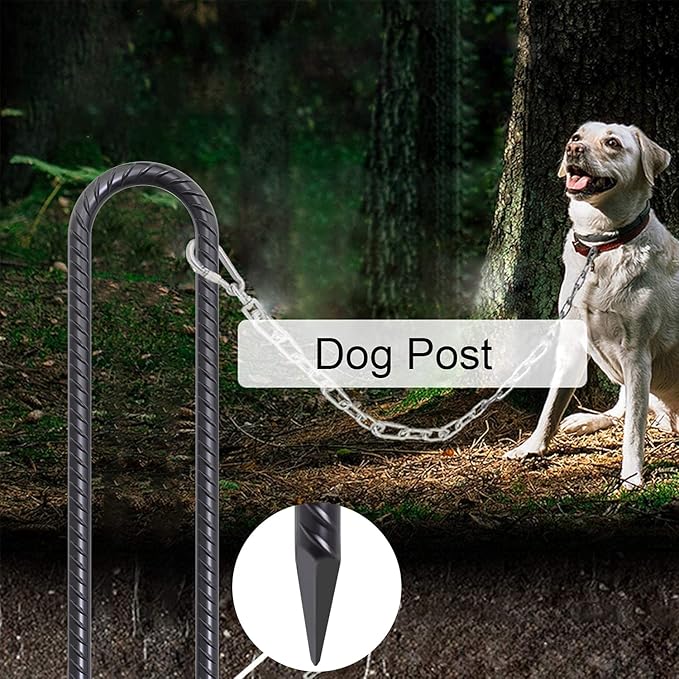 AAGUT 16 Inch 8 Pcs Rebar Trampoline Stakes 3/8" Extra Heavy Duty Metal Steel High Wind Ground Anchors Galvanized U Shaped Hook for Camping Tent Round Chisel Point End Black Powder Coated