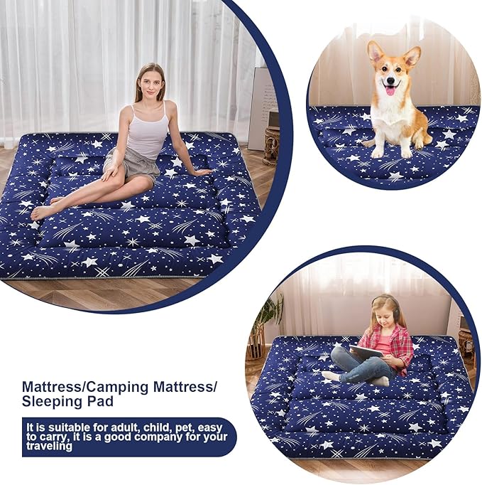 Japanese Floor Mattress,Thicken Japanese Floor Sleeping Pad Foldable,Roll Up Tatami Mat Easy to Store and Portable,Futon Mattress Suitable for Camping and Guest Room (Starry Blue, Full (80" X 47"))