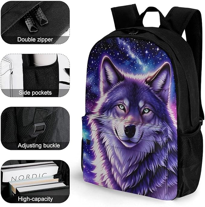 Supdreamc Daypack Backpack Anti-Theft Multipurpose Big Capacity Bookbag, Blue Universe Galaxy Magic Wolf In The Space Business Computer Bag With Side Pockets