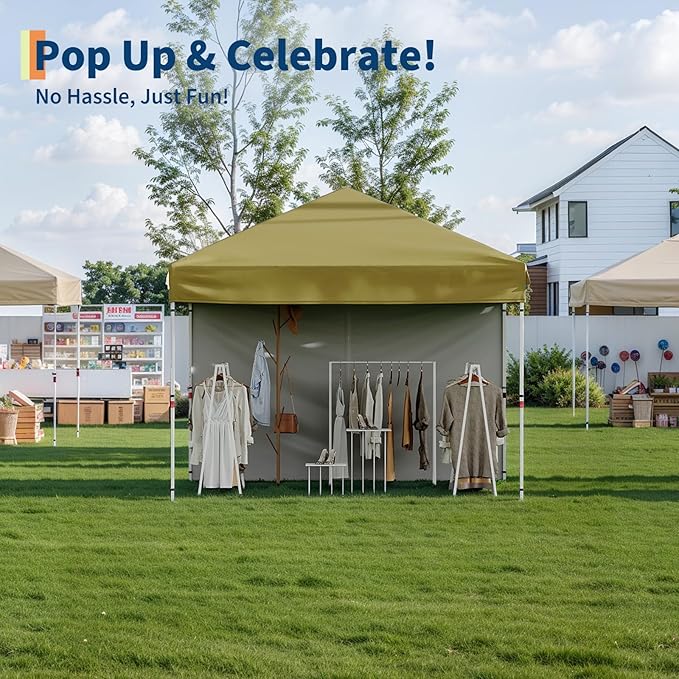 10x10 Pop Up Canopy Tent with 1 Removable Sidewall, Heavy Duty Commercial Instant Shelter with One-Person Setup, UPF 50+ Waterproof, 100 Sq Ft Shade for Outdoor Events, Camping, Farmers Market