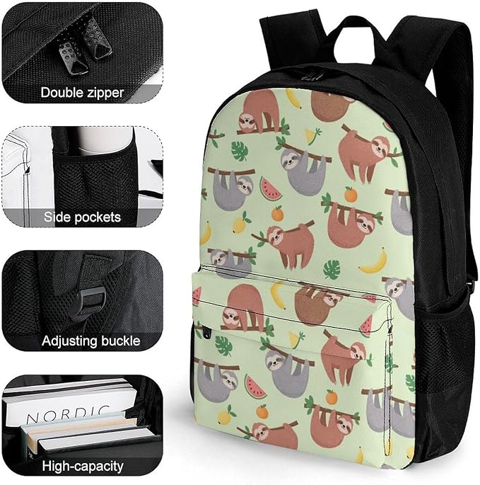 Backpack Multipurpose Anti-Theft Large Capacity Bookbag, Watermelon Orange Sloth Travel Hiking Daypack With Side Pockets