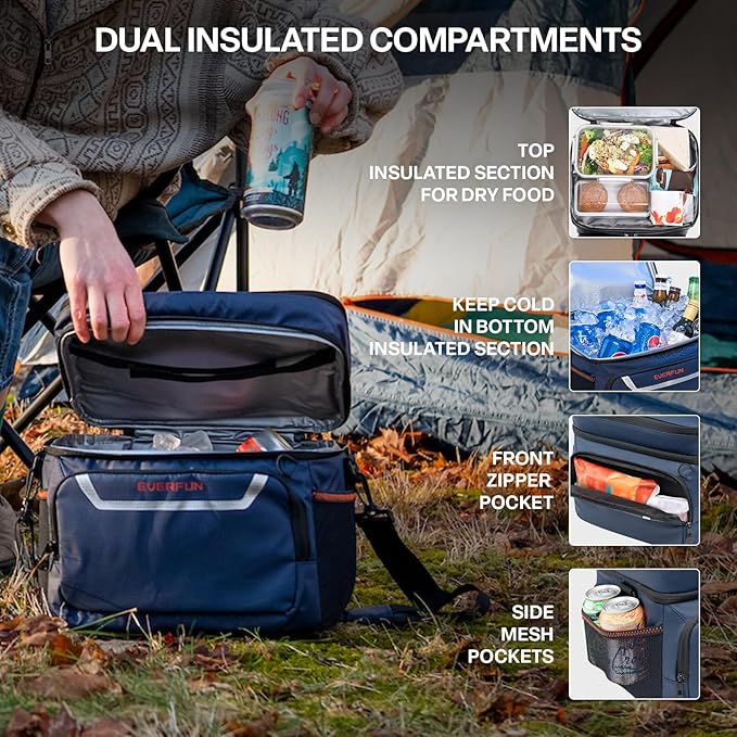EVERFUN Small Cooler Lunch Box Mini Leak-Proof Soft Double Deck 24 Can Personal Insulated Collapsible Portable Waterproof Lunch Bag Ice Chest for Men Women Work Travel Car Picnic Beach