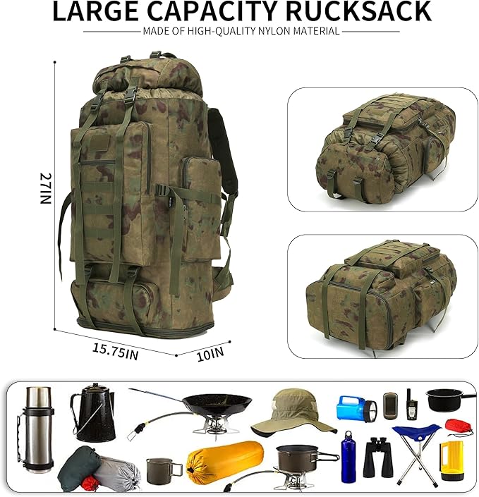 100L Hiking Camping Backpack MOLLE Rucksack Waterproof Daypack (RuinGreen)