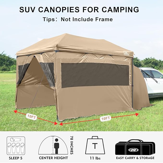 KAMPKEEPER 5pcs Sidewalls for 10X10 Commercial Instant Canopy Tent, Converts Canopy into Tent for Camping with Removable SUV Tailgate - Khaki (Canopy Pole/Shelter NOT Included)