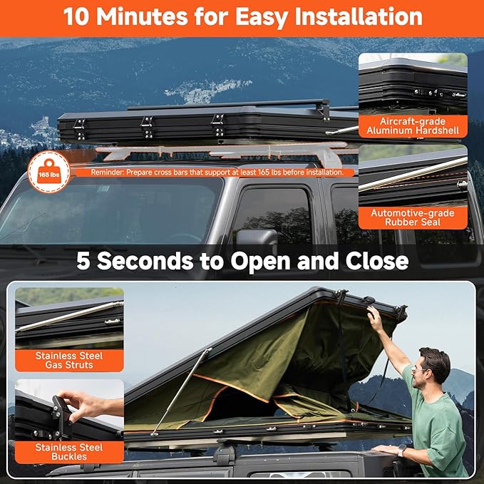 Adventurer Pro Rooftop Tent Hard Shell with USB Outlet, Side Awning, Replaceable Rain Fly&Luggage Racks for 4 Season Camping, Aluminum Pop Up 2-3 Person Roof Top Tent for Truck Jeep SUV Van Trailer