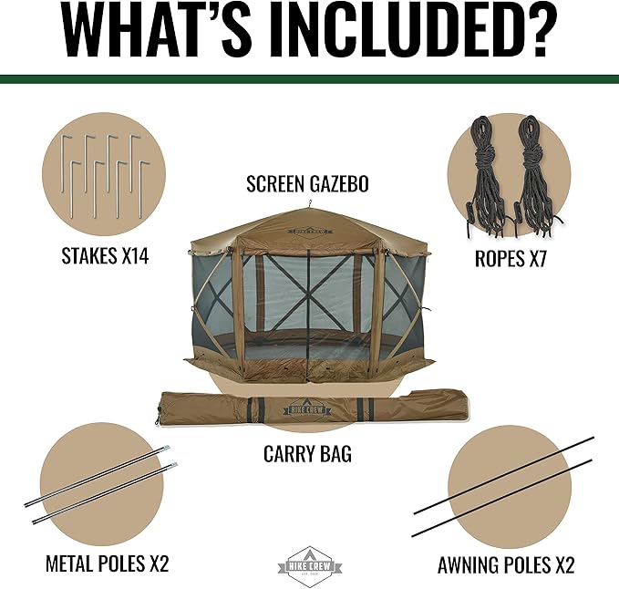 Hike Crew 12’x12’ Pop-Up Gazebo Screen Tent | 6-Sided Outdoor Canopy Shelter w/Built-in Zippered Wind Panels, Built-in Awning, Stakes, Ropes & Carry Bag for Camping & Sports | UV Resistant SPF 50+