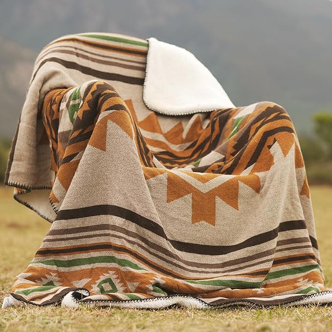 Aztec Throw Blanket with Soft Sherpa Lining, Traditional Southwestern Navajo Tribal Style Warm Throw for Camping, Outdoor, Cozy Boho Blanket for Couch, Sofa, Bed, 60"x80", Yellow