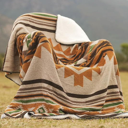 Aztec Throw Blanket with Soft Sherpa Lining, Traditional Southwestern Navajo Tribal Style Warm Throw for Camping, Outdoor, Cozy Boho Blanket for Couch, Sofa, Bed, 60"x80", Yellow