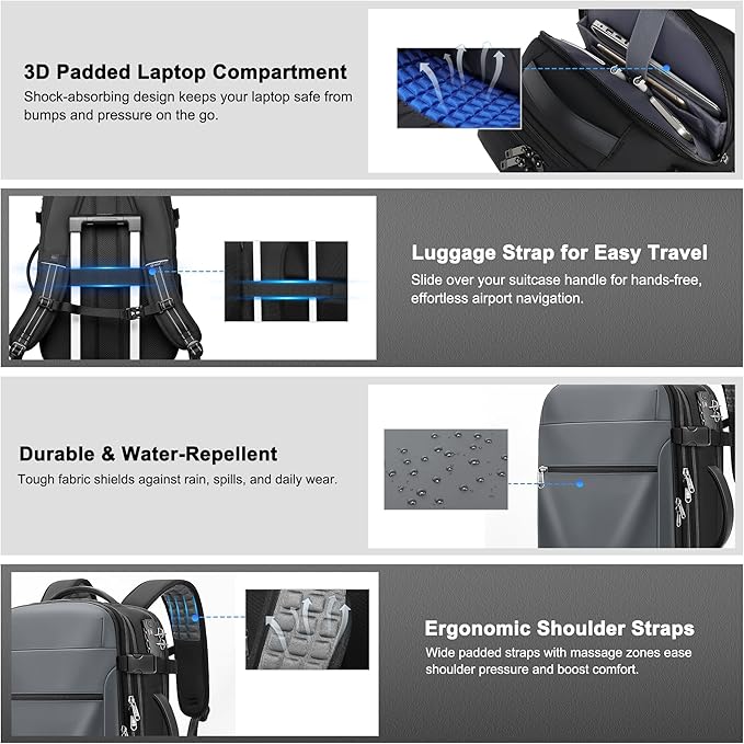 POSO Vacuum Backpack Travel – 60L Expandable Vacpack Backpack with Vacuum Pump/TSA Lock/Laptop Compartment (Fits 17"), Water-Resistant Compression Bag for Flight & Business (Grey)