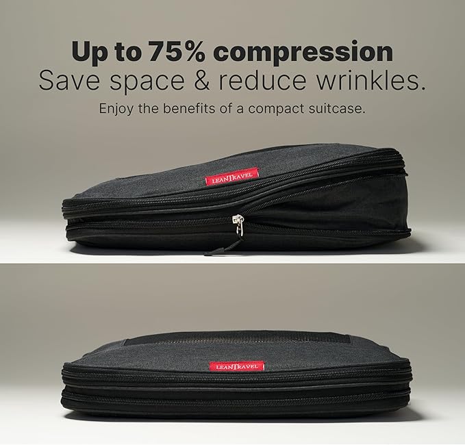 LeanTravel Premium Compression Packing Cubes for Travel - Luggage Organizers with Double Zipper - Sturdy Bags for Suitcase (3-Pack, Black)