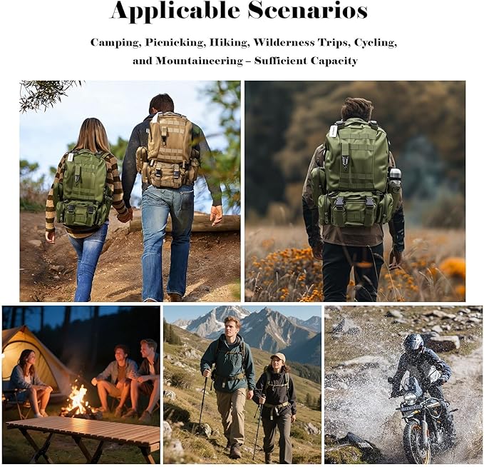 60L Tactical Backpack Military 3-Day Assault Pack, Waterproof Molle System Rucksack with Detachable Bag, Survival Bug Out Backpack for Men & Women(ArmyGreen)
