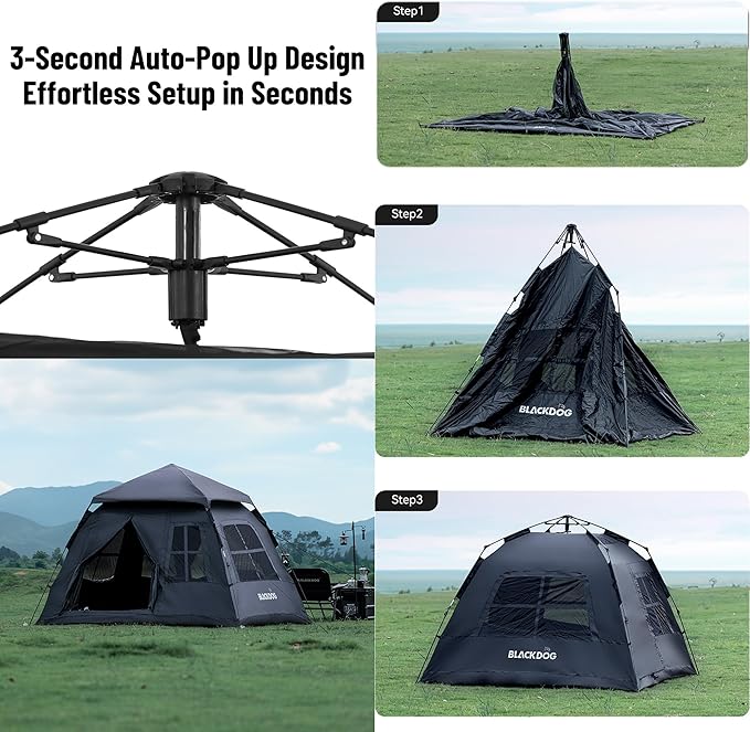 Blackdog Portable Camping Tent - 2-4 Person 5㎡ Large Space for Family, Waterproof Instant Pop Up Tent, UPF50+ Sun Protection, Car Camping & Traveling, Easy Setup