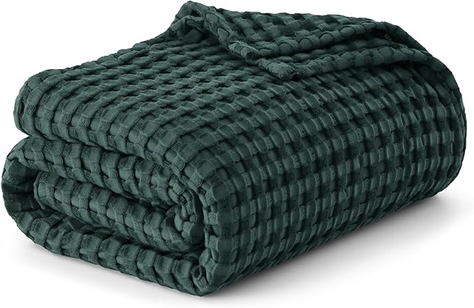 Bedsure Cooling Cotton Waffle King Size Blanket - Lightweight Breathable Blanket of Rayon Derived from Bamboo for Hot Sleepers, Luxury Throws for Bed, Couch and Sofa, Dark Green, 104x90 Inches