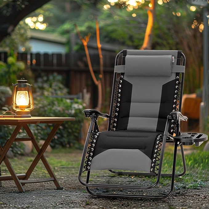 MAISON ARTS Oversized Padded Zero Gravity Chairs Set of 2, Folding Patio Lounge Chair, 28" Wide Seat Anti Gravity Recliners for Lawn Outdoor Camping Poolside Yard, Support 400lbs, Grey & Black