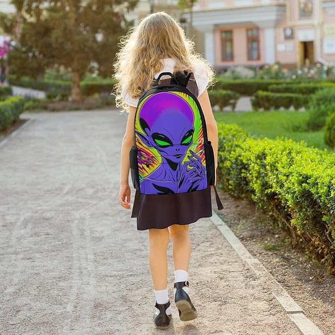 Men Women Polyester Trippy Alien Art Daypack Big Capacity Shoulder Bag With Smooth Zippers for Hiking Work Walking Cycling