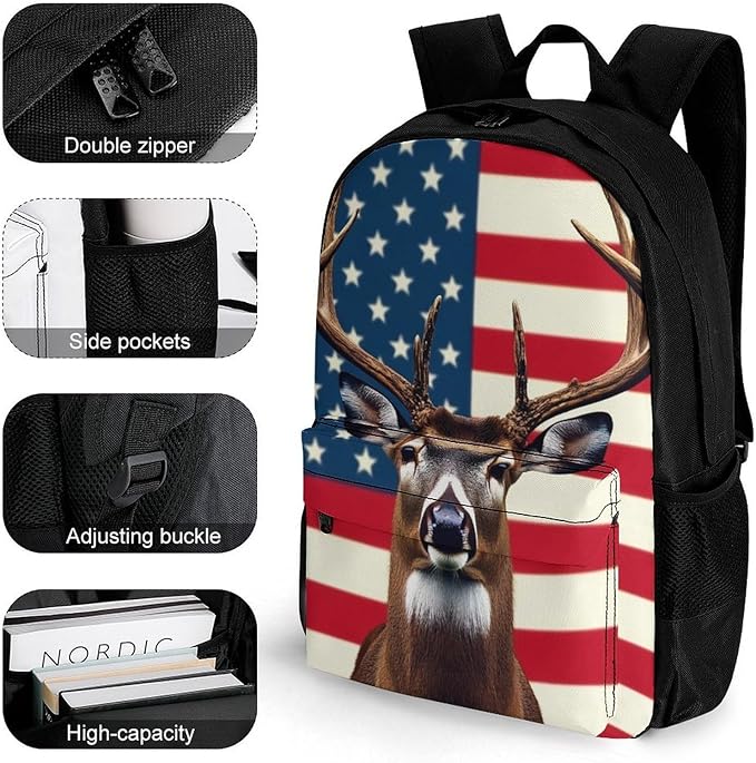 Supdreamc Lightweight Backpack for Gym Travel Bicycle, Big Capacity Multipurpose Anti-Theft Carry On Bag, American Hunting Deer Flag Travel Hiking Bag Day Pack