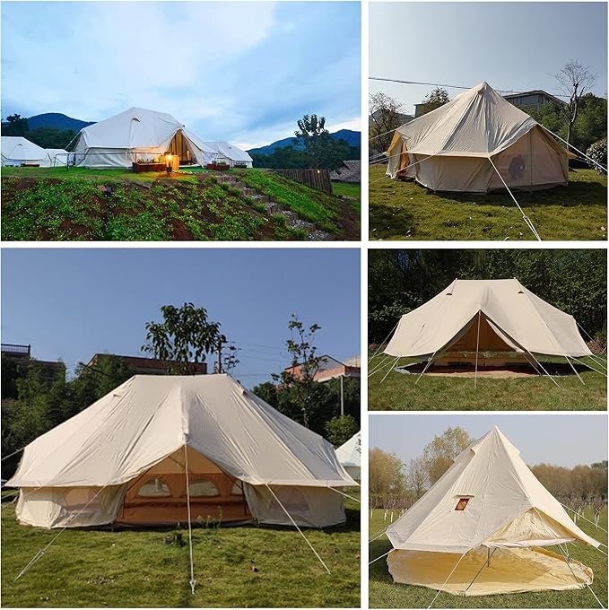 GeRRiT Outdoor Bell Tent 4-Season Luxury Large Yurt Tents 6 Meters 3 Doors Waterproof Portable Glamping Bell Tent 8-12 Persons Cotton Canvas Tent with Hook for Family Camping Hiking Hello