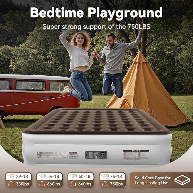 DIVON King Air Mattress with Built in Pump Raised, 3 Min Self Inflatable Mattress, 18’’ Blow up Mattress for Adults, 750 LBS Portable Air Bed for Guest, Camping, Travel & Floor, Brown
