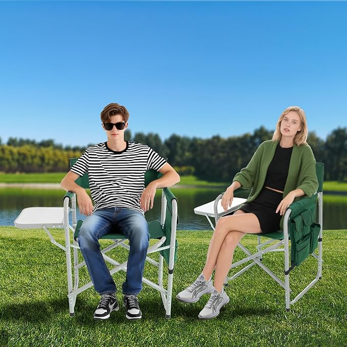 Camping Chair with Side Table & Storage Pockets - Portable Directors Chair Foldable for Outdoor Camping, Lawn, Beach, Fishing, Picnic, Trip (2 Pack) (Green)