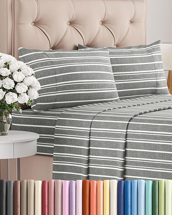 Queen Size 4 Piece Sheet Set - Comfy Breathable & Cooling Bed Sheets Set - Hotel Luxury Bedding for Women, Men, Kids, Teens, Boys & Girls - Deep Pockets, Soft, Wrinkle Free - Oeko-Tex - Grey Stripes 3
