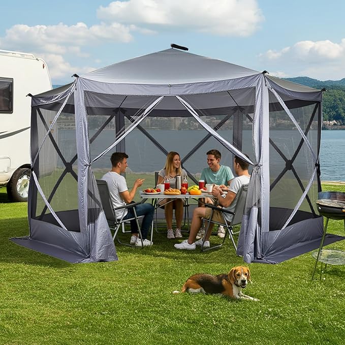 VINGLI 12x12 Pop Up Gazebo Tent, Portable Easy Up Screen Tent for Camping with Mosquito Netting, Camping Canopy Shelter with Carry Bag, Ground Stakes