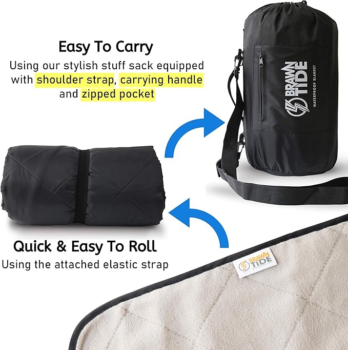 BRAWNTIDE Large Outdoor Waterproof Blanket - Extra Thick Fleece, Warm, Windproof, Sandproof, Quilted, 82" x 55", Ideal for Beaches, Picnics, Camping, Stadiums, Dogs, Car