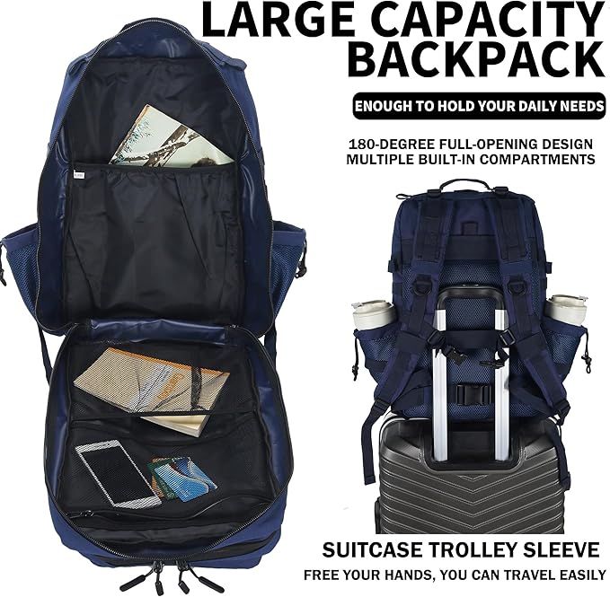 Sparklekle Military Tactical Backpack 45L 3 Day Assault Pack Waterproof Molle Hiking Rucksack for Men and Women (Blue)