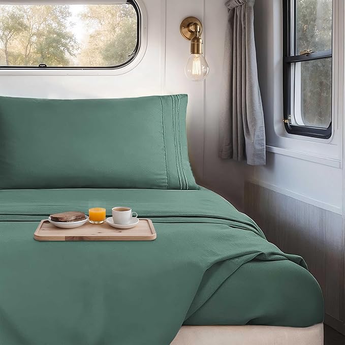 Hearth & Harbor Short Queen Sheets for RV, Forest Green RV Queen Sheets, Silky Soft 1800 Microfiber Bed Sheet for Camper, 4 Piece RV Bedding with Pillowcases
