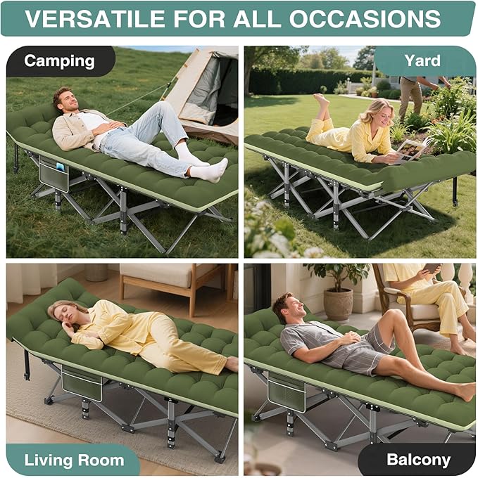 ZENPETIO Camping Cot for Adults - Heavy-Duty Cot Bed with Mattress, Portable Sleeping Cots for Outdoor Indoor, 1200D Oxford Folding Cots for Home Travel, Max load 500LBS, Fits People up to 6'3", Green
