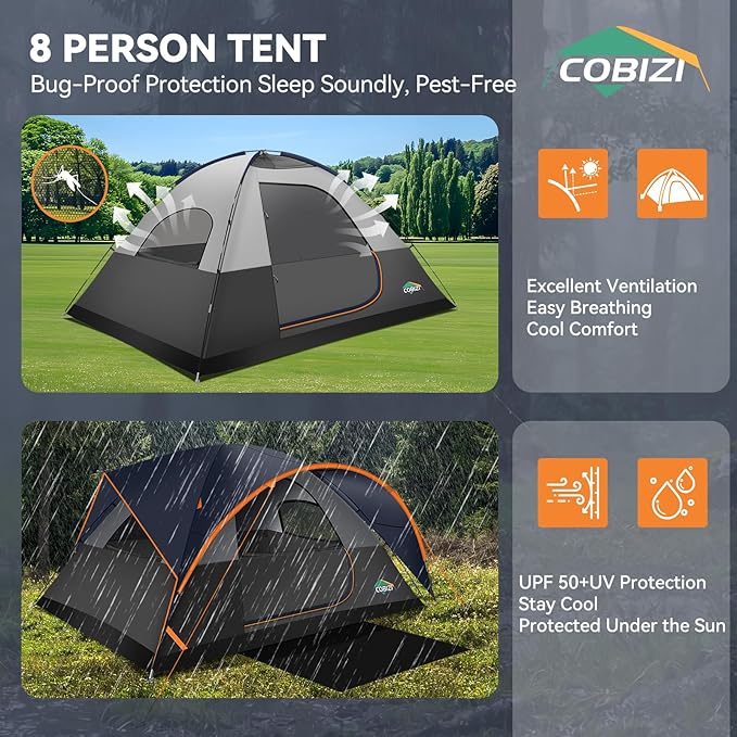 COBIZI 4-6-8-10 Person Camping Tent, Spacious Family Tents for Camping Ideal, Hiking, 3500mm Waterproof Double-Layer Windproof Tent for Hiking & Backpacking
