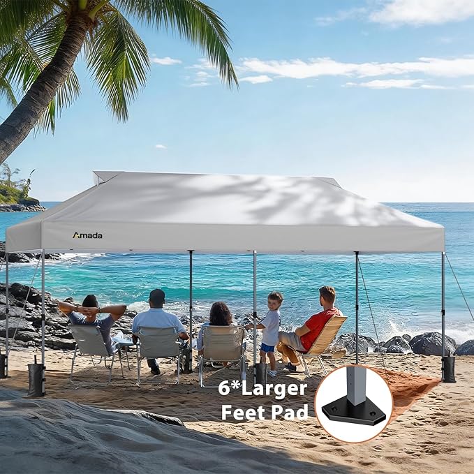 Amada 20x10 Pop Up Canopy - Center Lock One Push Instant Setup Gazebo Outdoor Canopy Beach Tent with STO-N-Go Bag 8 Stakes & 4 Sand Bags, 3-Height Adjustable Shade Shelter (20x10ft, White)