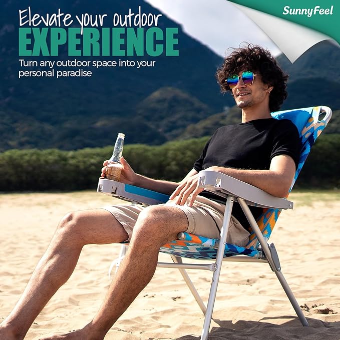 SUNNYFEEL Oversized Tall Folding Beach Chair Lightweight, 17" Portable Sand Chair for Adults Heavy Duty 500 LBS with Cup Holders, Foldable High Camping Lawn Chairs for Camp/Outdoor/Picnic/Sports