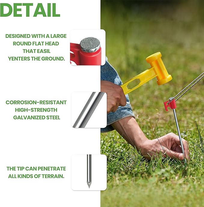 Tradesparker Tent Stakes 12-Pack 8 Inch Heavy Duty Garden Stakes Canopy Anchors - Includes Ropes for Camping Tents, Pop Up Canopies and Outdoor Events, Red