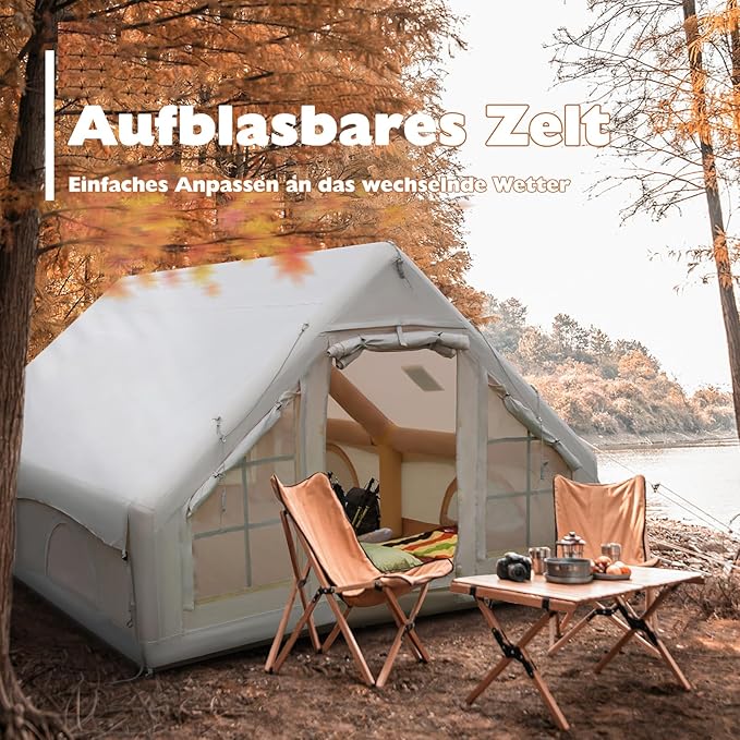 Inflatable Camping Tent, Glamping Inflatable Tent for Camping, 4 Season Water&Windproof Outdoor Oxford Blow Up Cabin Tent with Mesh Windows & Doors for 4-8 People Camping