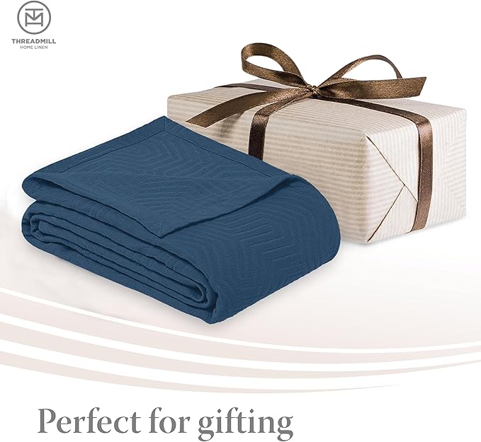 Threadmill Luxury Cotton Blankets for Twin Size Bed | All-Season 100% Cotton Twin Blanket for Bed | Aster Jacquard Lightweight, Soft & Cozy Coverlet, 350GSM, 68 x90 inches | Folkstone Blue