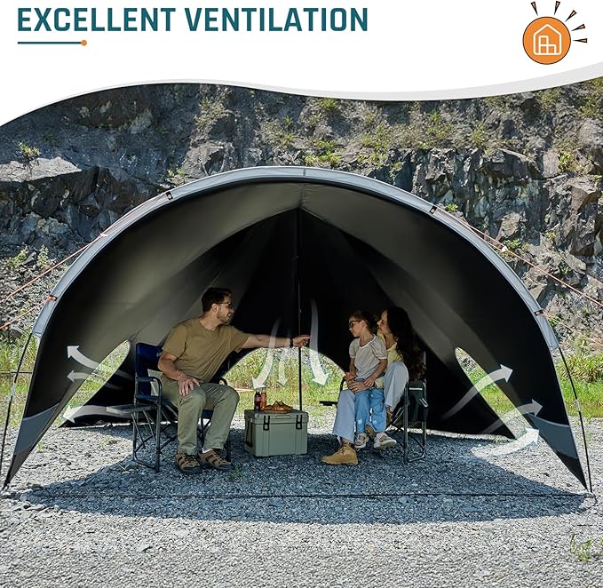 Large Blackout Camping Tarp with Poles Waterproof Shade Canopy Tent Tarp Sun Shade Shelter for Outdoor Camping Backyard Picnic - Included Guy Lines & Luminous Tent Stakes, Gray
