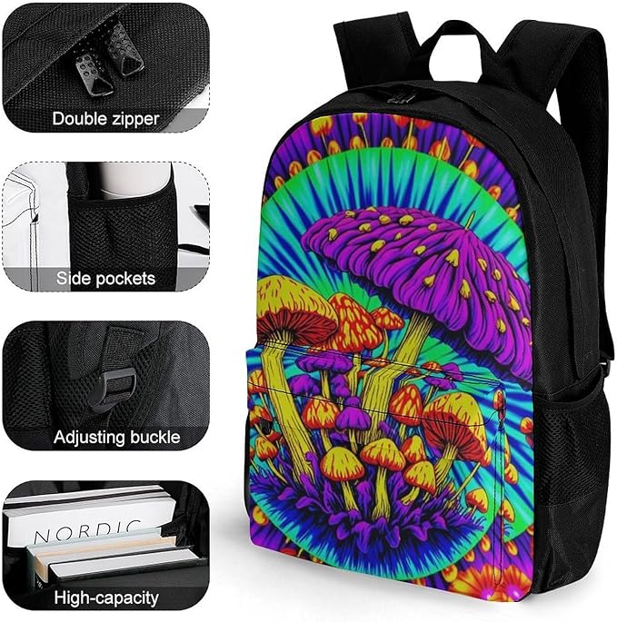 Supdreamc Men Women Polyester Psychedelic Mushrooms Tie Dye Art Backpack Large Capacity Bookbag With Smooth Zippers for Climbing Picnic Bicycle