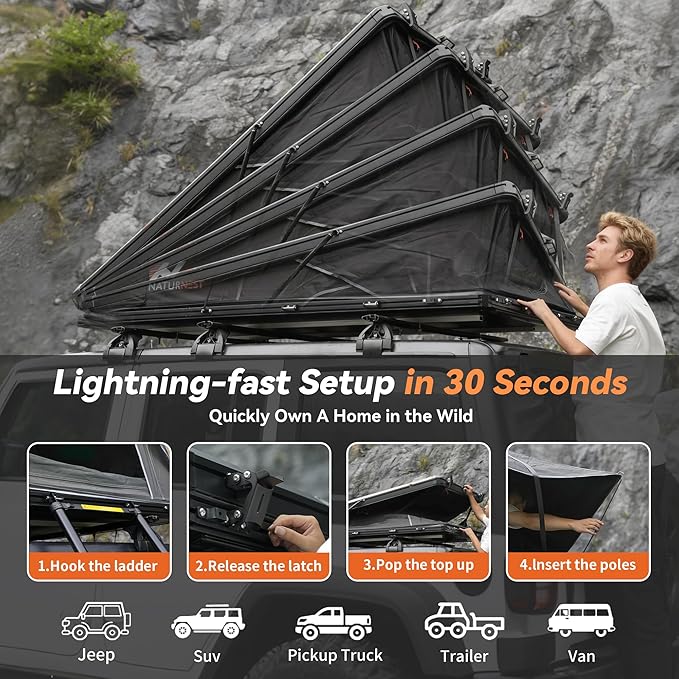 Naturnest Rooftop Tent Hard Shell, Easy Set Up Pop Up Tent for 2 Person Camping, Waterproof UV-Resistant Blackout Privacy 4 Season Tent for Pickup Truck, Jeep, SUV, Van, Trailer - Polaris