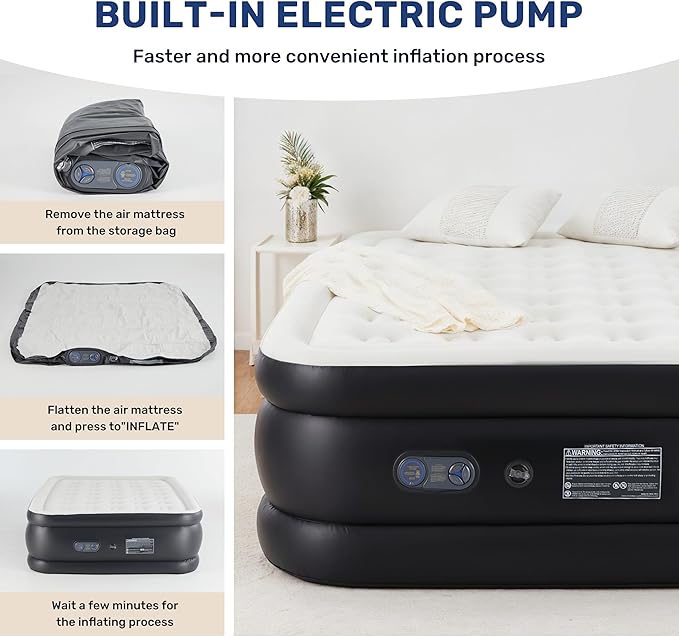 Simple Deluxe Camping Air Mattress with Built-in Electric High-Speed Pump, Blow Up Inflatable Airbed with Carrying Bag for Home Guests & Travel, Waterproof Foldable Portable