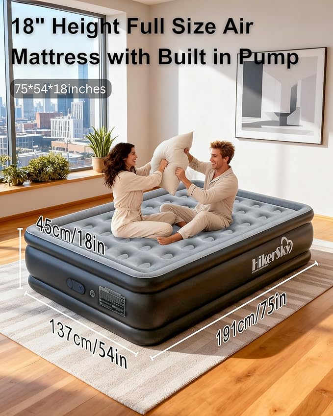 Full Air Mattress with Built in Pump, Inflatable Mattress for Home, Blow up Air Bed 3 Min Quick Inflation and Deflation, Thin Velvet Top, 18'' Full Size Gray