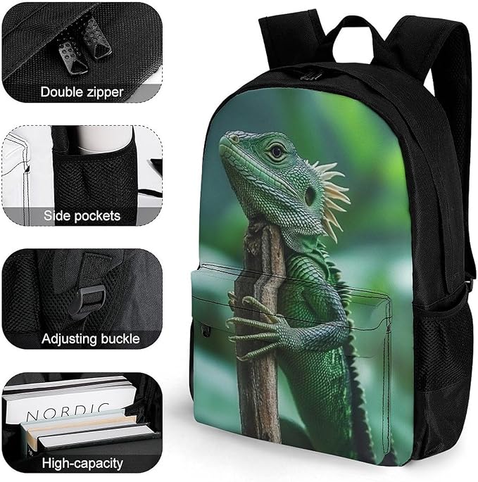 Polyester Daypack Backpack for Sports Travel Running, Big Capacity Anti-Theft Multipurpose Carry On Bag, Green Bearded Dragon Lizards Climbing The Tree Laptop Book Bag Rucksack