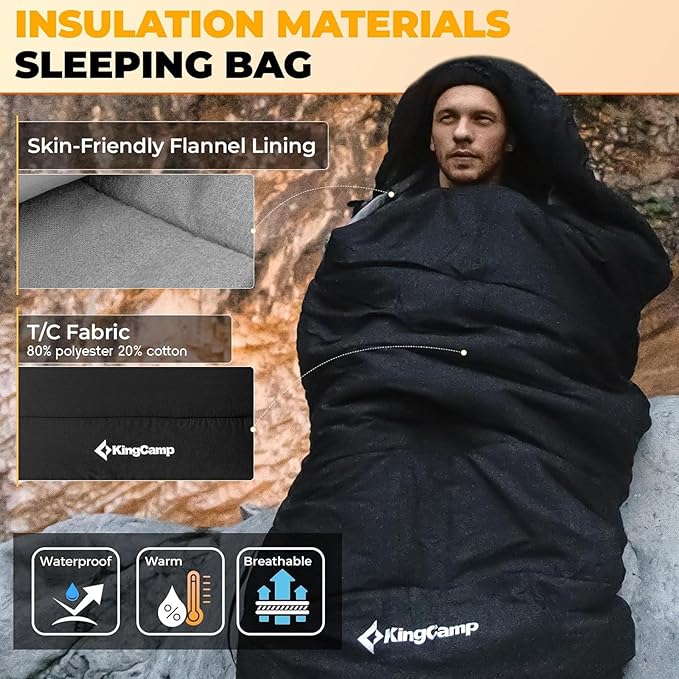 KingCamp Sleeping Bag for Adults, XL Size for Big & Tall Individuals, 3-4 Season Sleeping Bag Cold & Warm Weather, 100% Cotton Lining, Compact with Compression Sack for Backpacking, Camping, Hiking