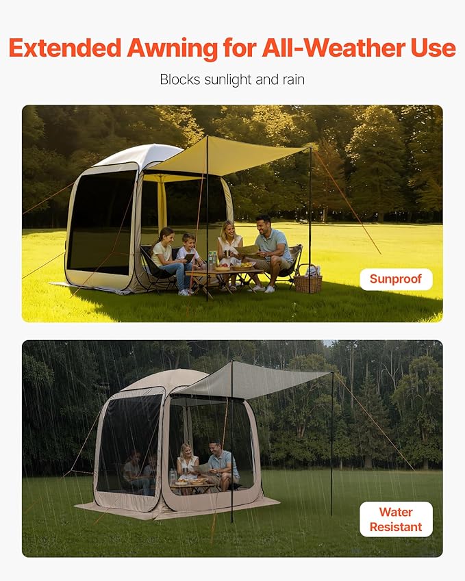 VEVOR Pop Up Screen House Tent, 6 x 6 ft, 4-6 Person Screen Gazebo with Extended Awning, Portable Screened in Canopy with Carry Bag, Netting Sides, for Patio, Backyard, and Outdoor Activities, Beige