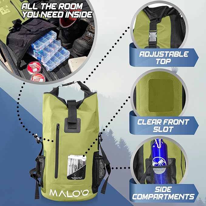 Malo’o DryPack 30L Waterproof Backpack, Roll-Top Dry Bag Backpack with Padded Straps, Floating Design for Beach, Kayaking, Fishing, Boating, Travel, and Water Sports, Dark Green