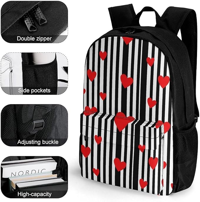 Daypack Lightweight Multipurpose Anti-Theft Black And White Stripes Hearts Shoulder Bag Large Capacity Laptop Book Bag Rucksack With Adjustable Shoulder Straps