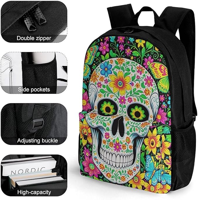 Supdreamc Men Women Polyester Colorful Floral Sugar Skull Daypack Big Capacity Shoulder Bag With Adjustable Shoulder Straps for Camping Travel Walking Cycling