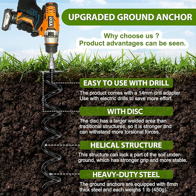 12 PCS 15.3 Inch Ground Anchors Heavy Duty for High Winds Screw in Earth Anchor Swing Set Spiral Auger Stakes for Tent Trampoline Tree Garden Fence Sheds Swingset, Easy Use with Drill