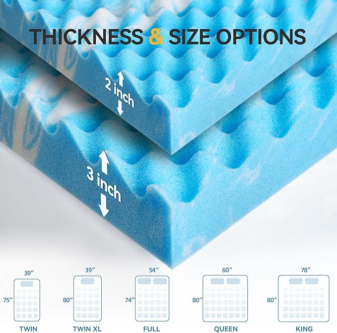SINWEEK 3 Inch Egg Crate Memory Foam Mattress Topper Full Size, Soft Mattress Pad for Back Pain Relief, Bed Topper, CertiPUR-US Certified, Blue
